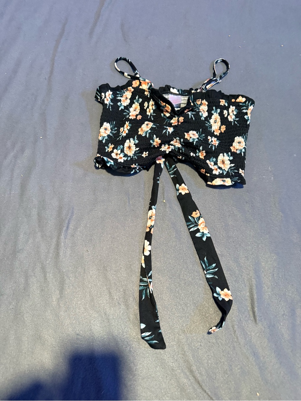 No Boundaries Black Floral Tie-Back Smocked Crop Top